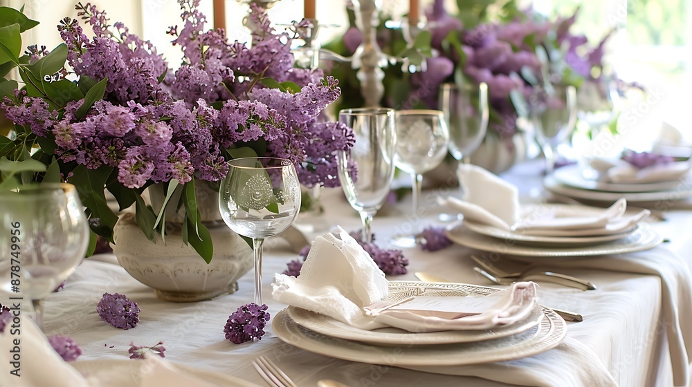 Gorgeous table settings for a wedding feast using lilacs in bloom for spring Gorgeous table settings for a wedding feast using lilacs in bloom for spring