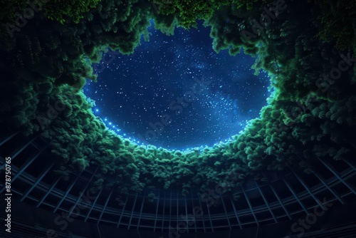 A surreal stadium nestled within an enchanted forest where holographic trees and mystical creatures enhance the viewing experience