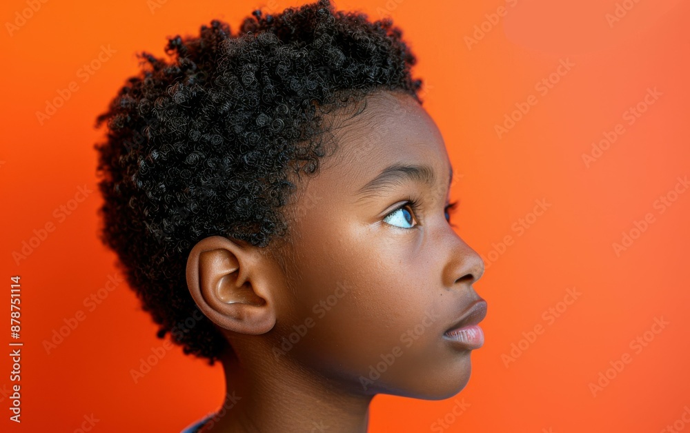 A young boy with dark hair and brown eyes stares at the camera. The boy's hair is short and curly, and he has a serious expression on his face. The orange background adds a warm A young boy with dark hair and brown eyes stares at the camera. The boy's hair is short and curly, and he has a serious expression on his face. The orange background adds a warm