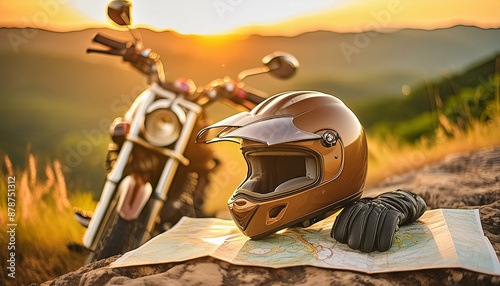 Prepared for the Open Road: Motorcycle Adventure with Essential Gear and Map. Generative AI