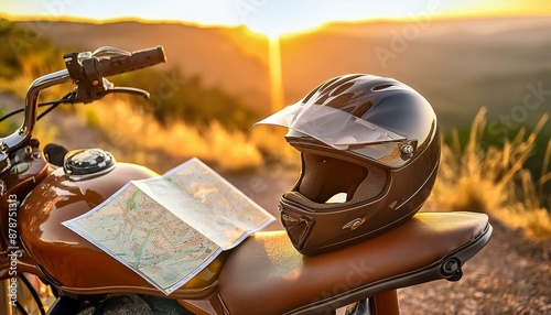 Prepared for the Open Road: Motorcycle Adventure with Essential Gear and Map. Generative AI