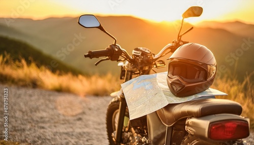 Prepared for the Open Road: Motorcycle Adventure with Essential Gear and Map. Generative AI