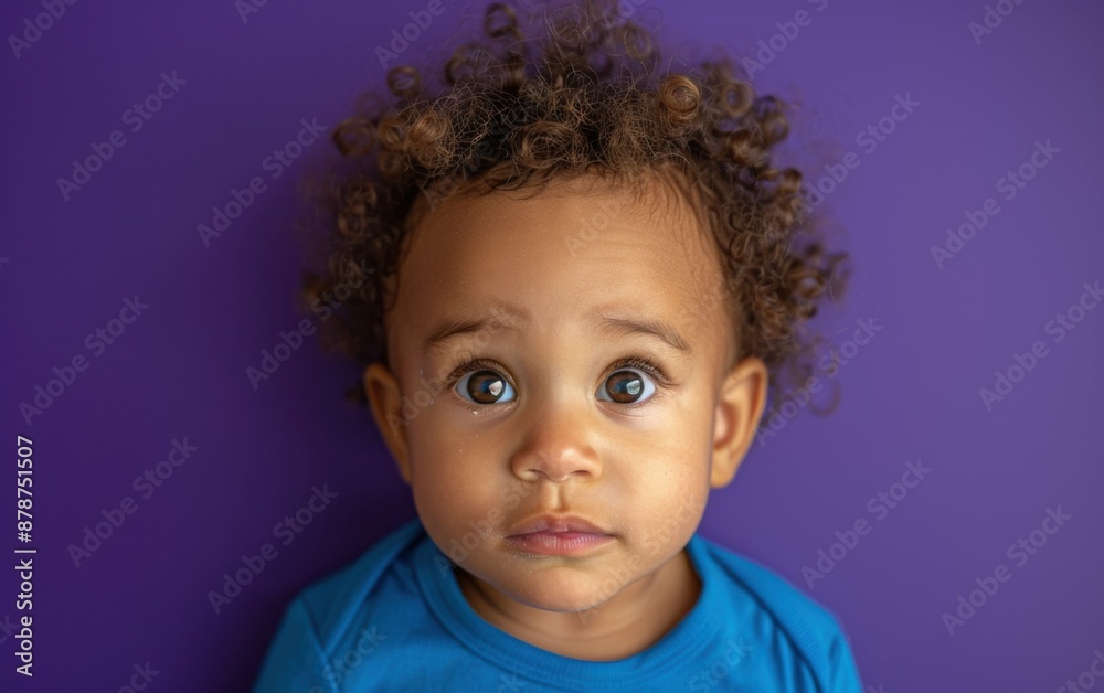 A baby with brown hair and blue shirt. The baby is looking at the camera A baby with brown hair and blue shirt. The baby is looking at the camera