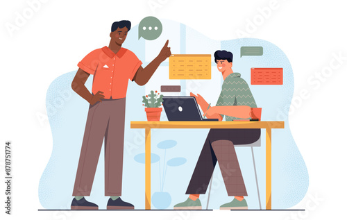 Manager with employee. Man gives instructions to subordinate. Organizing efficient work process. Task managements and teamwork. Business conversation. Flat vector illustration