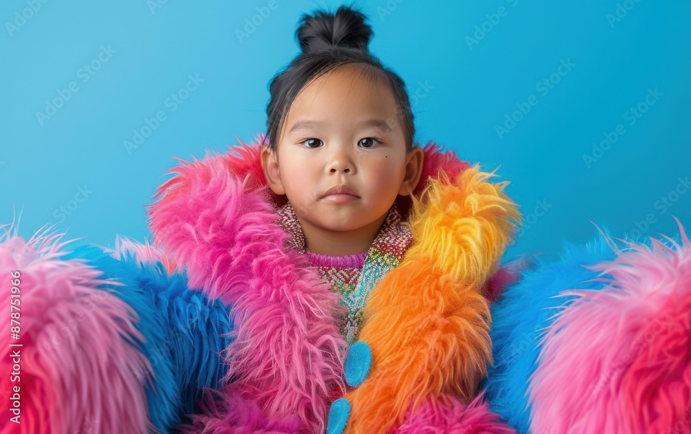 A young girl is wearing a colorful jacket and sitting on a chair. The jacket is made of fur and has a rainbow pattern. The girl has her hair in a ponytail and is looking at the camera A young girl is wearing a colorful jacket and sitting on a chair. The jacket is made of fur and has a rainbow pattern. The girl has her hair in a ponytail and is looking at the camera