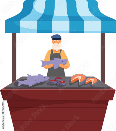 Fish market stall seller holding a salmon and offering fresh sea food