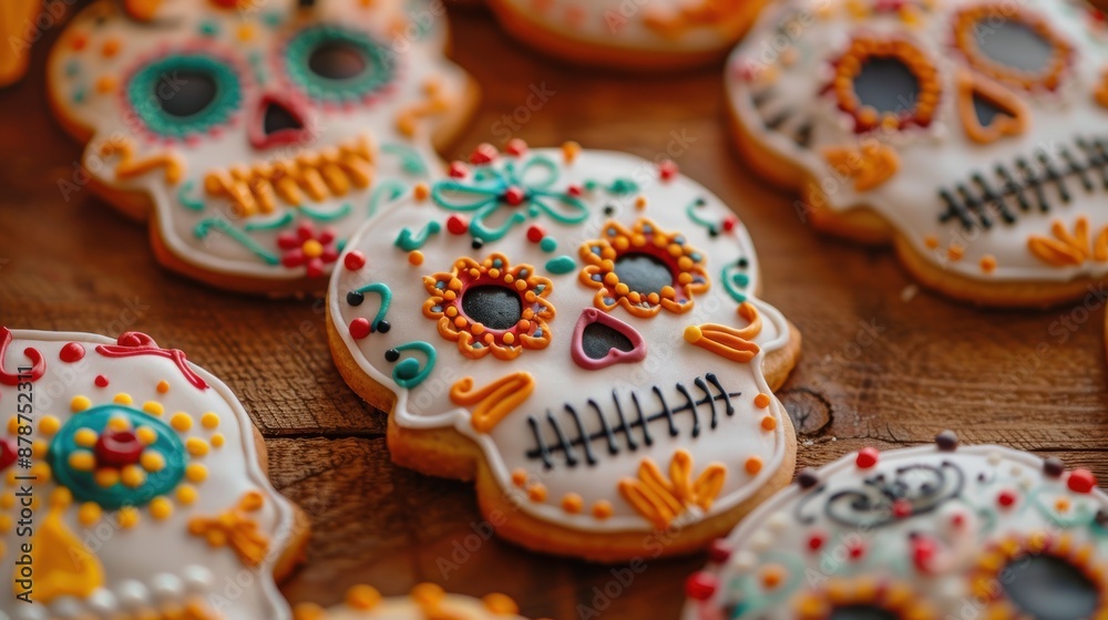 Decorated sugar skull cookies on wooden surface Decorated sugar skull cookies on wooden surface