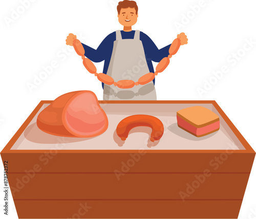 Male butcher wearing apron holding string of sausages over counter with various meat products