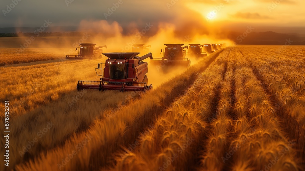 Fototapeta premium Combines Harvesting Wheat at Dusk