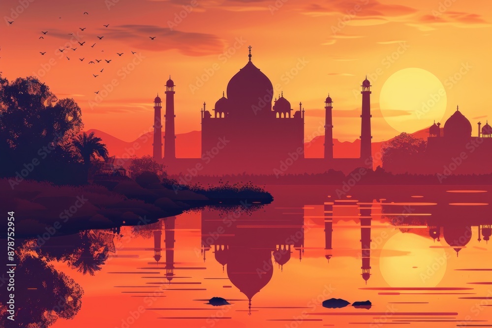 Fototapeta premium Postcard with landscape of Taj Mahal, Agra at sunset
