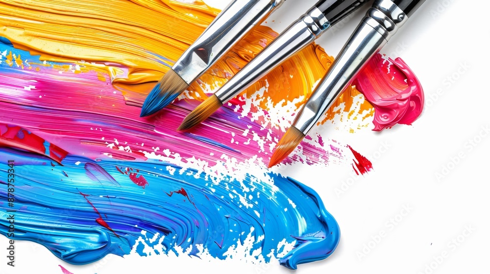 Obraz premium Artist's paintbrushes with colorful paint on a white background.