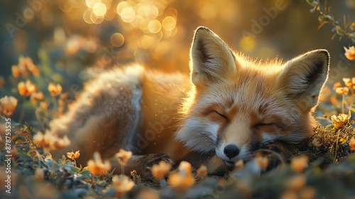 Sleeping Fox in Flower Field at Sunset