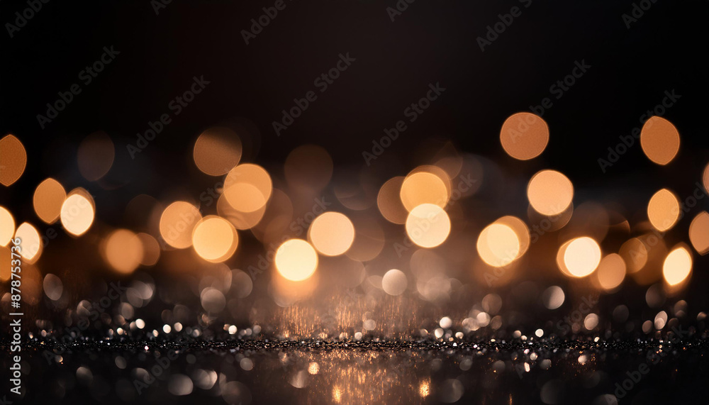 Glittery vibrant black background with dreamy bokeh effect. Abstract festive backdrop.