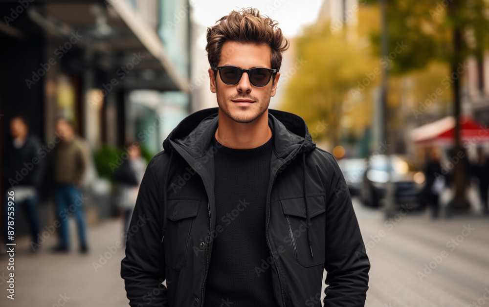A man in a black jacket and sunglasses stands on a city street. He is smiling and he is enjoying the day A man in a black jacket and sunglasses stands on a city street. He is smiling and he is enjoying the day