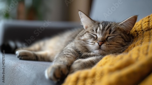 Tabby Cat Sleeping on Comfortable Couch