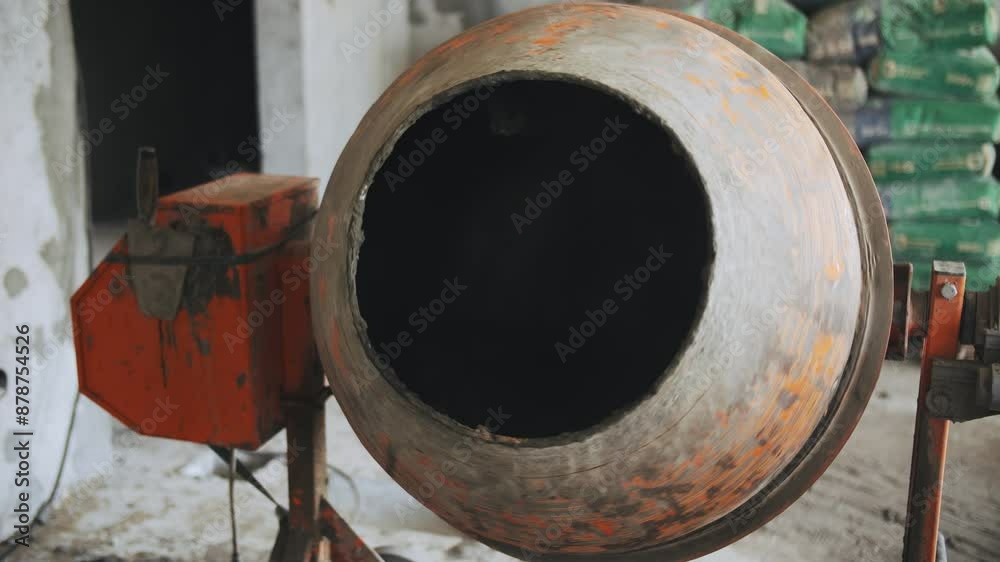 Mixing concrete mortar in a concrete mixer Mixing concrete mortar in a concrete mixer