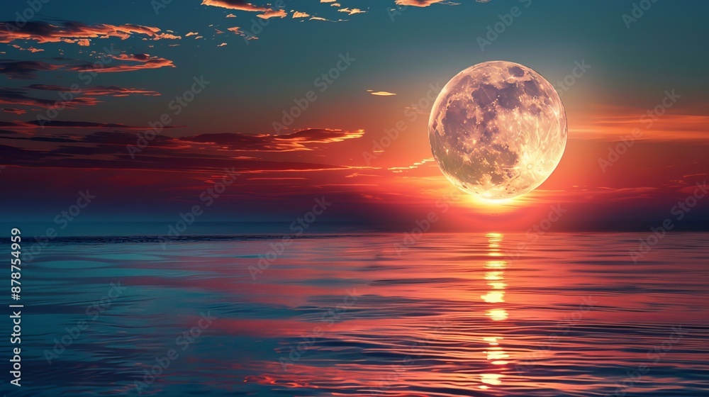 Captivating evening sky ablaze with colors as a radiant full moon rises above the tranquil sea. Its soothing glow illuminates the horizon, creating a serene and picturesque scene. Captivating evening sky ablaze with colors as a radiant full moon rises above the tranquil sea. Its soothing glow illuminates the horizon, creating a serene and picturesque scene.