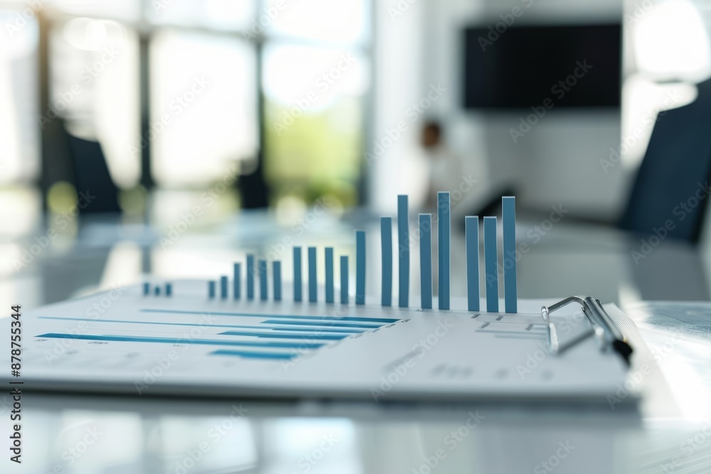 Realistic bar chart with upward and downward trends in a professional business meeting, performance review, financial analysis Realistic bar chart with upward and downward trends in a professional business meeting, performance review, financial analysis