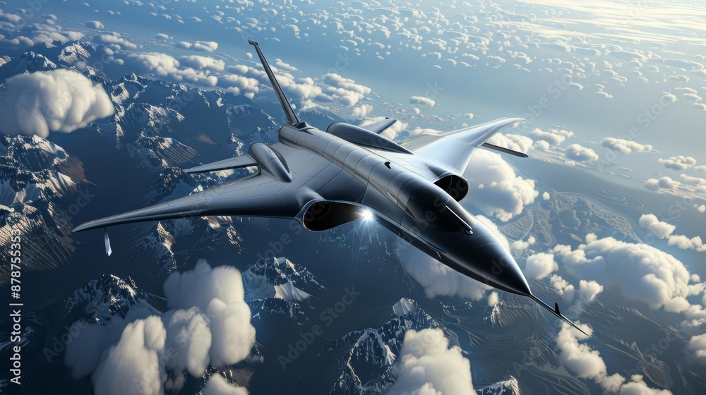 Obraz premium Realistic image of a hypersonic jet flying at high altitude, aerospace industry, future aviation technology