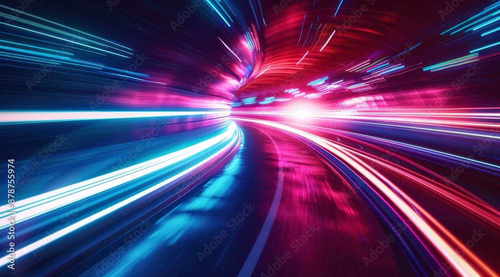 Abstract red and blue glowing light speed lines background with blur effect