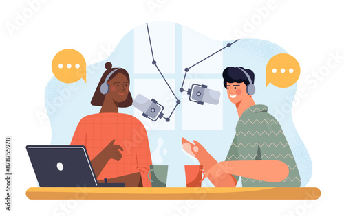 People record podcast concept. Man and woman sits with laptop and microphone and records interesting content, audio files. Radio presenter at work. Live stream. Flat vector illustration
