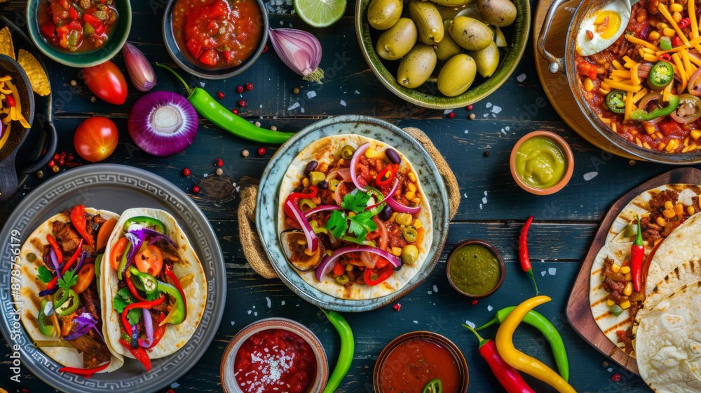 Top view table with mexican dishes on bright plates Top view table with mexican dishes on bright plates