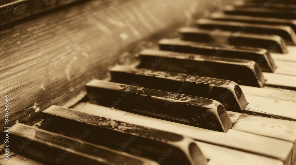 Close up of worn piano keys in sepia tone Close up of worn piano keys in sepia tone