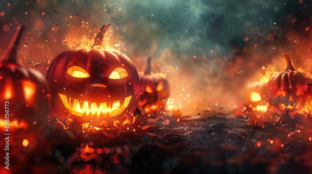 Naklejka premium Halloween background, pumpkins with glowing eyes on abstract background, copy space for text, gloomy, atmospheric picture, postcard