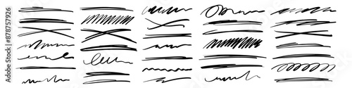 Grunge lines, scrawls, crayon scribbles, rough brush charcoal pen strokes, underlines strikethroughs. Bold doodle freehand shapes. Underline typography scribbles, crosses, curves. Vector illustration
