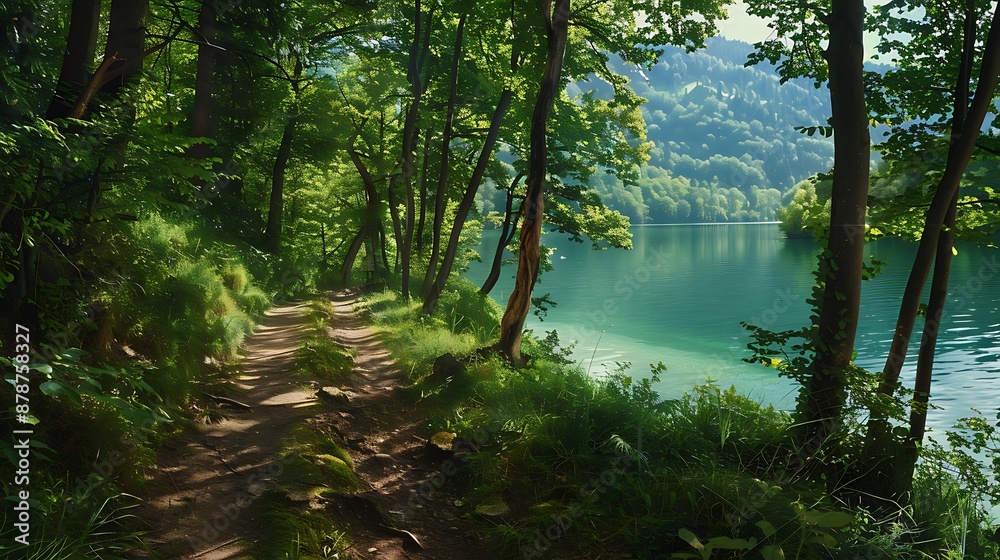Fototapeta premium Hiking path with a view of green lake very detailed and realistic shape