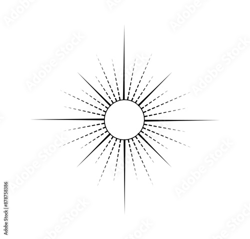 Minimalistic sun rays. Sunburst silhouette in bohemian style. Icon for website or emblem for company. Abstract creativity and art. Linear vector illustration isolated on white background