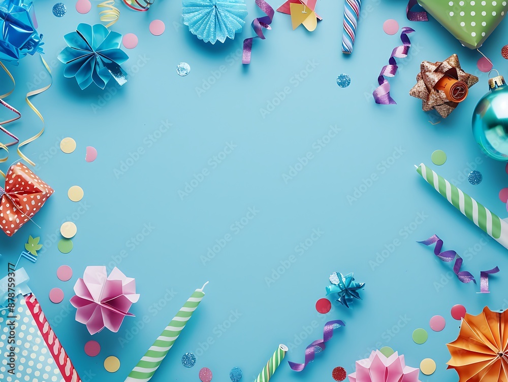 Top view of a blue background adorned with colorful party accessories, space for text. Top view of a blue background adorned with colorful party accessories, space for text.