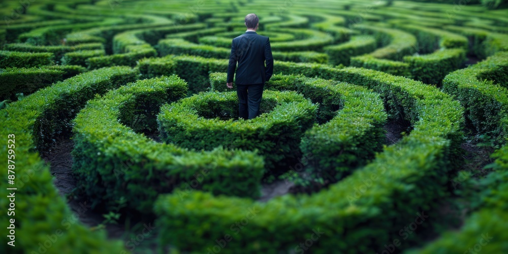 Man Navigating A Green Hedge Maze Man Navigating A Green Hedge Maze