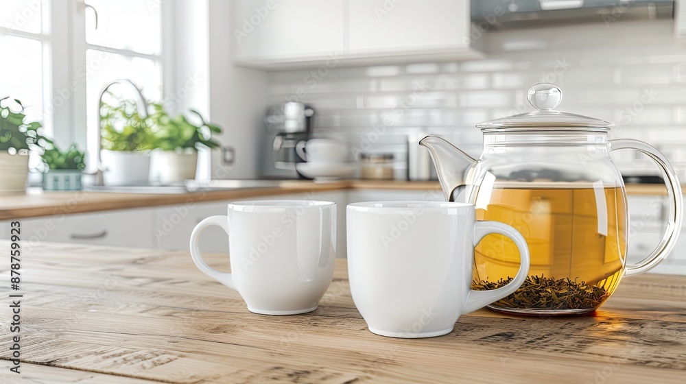 A glass teapot filled with brewed tea sits on a kitchen countertop next to two white teacups and saucers A glass teapot filled with brewed tea sits on a kitchen countertop next to two white teacups and saucers