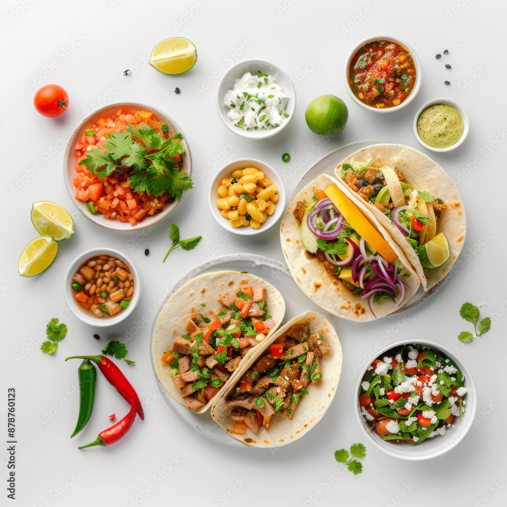 Set of simple mexican traditional food, creative and minimal, white background Set of simple mexican traditional food, creative and minimal, white background