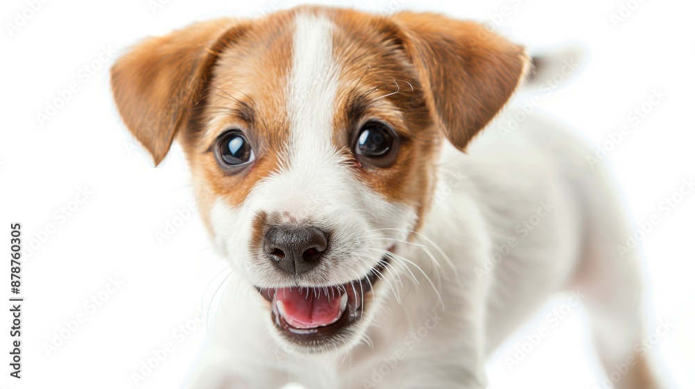 Close up of brown and white puppy with open mouth smiling Close up of brown and white puppy with open mouth smiling