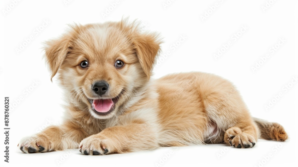 Happy golden puppy lying down on white background