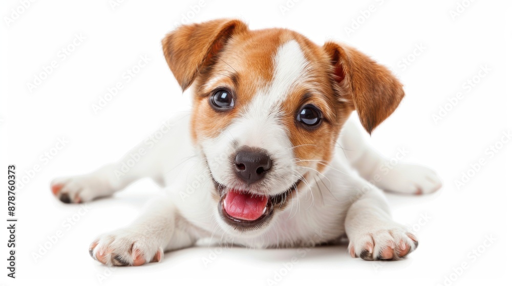 Happy brown and white puppy lying on white background Happy brown and white puppy lying on white background