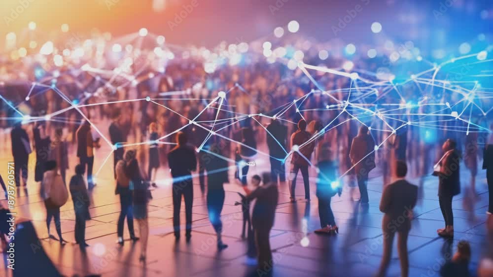 Abstract network connections over blurred people symbolizing social media interaction
