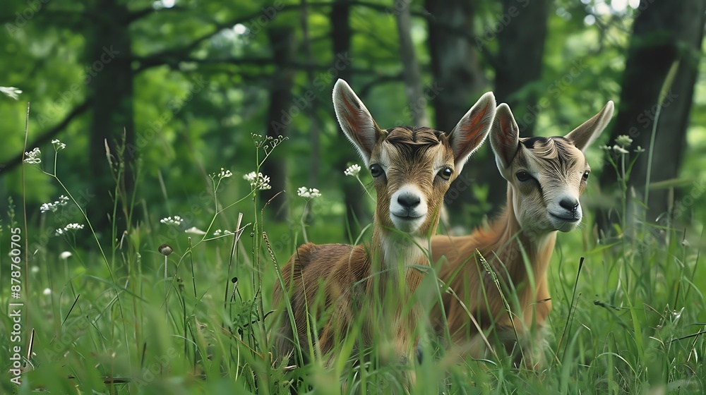 Imagine of a grassland with two baby goats Imagine of a grassland with two baby goats
