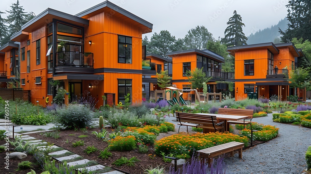 Obraz premium Real estate highlighting vibrant Community Housing project with a variety of residential units playgrounds and community gardens