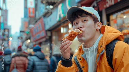 Young man savors delectable fried chicken on bustling urban street