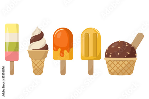 Set of ice-cream and fruit ice in flat style. Hand drawn cartoon stylisation in retro colours. Summer vector illustration. Cold desserts