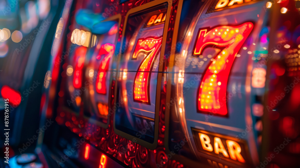 Slot machine with a winning combination of sevens in lights on a casino background. Concept: gambling, winning, entertainment. Suitable for casinos, hotels, entertainment companies. Ideal for promotin Slot machine with a winning combination of sevens in lights on a casino background. Concept: gambling, winning, entertainment. Suitable for casinos, hotels, entertainment companies. Ideal for promotin