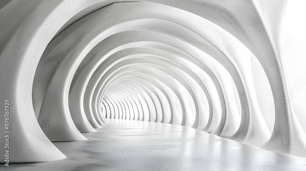 Futuristic White Tunnel with Glossy Curved Arches and Bright Light Highlighting Sleek Modern Architectural Design Futuristic White Tunnel with Glossy Curved Arches and Bright Light Highlighting Sleek Modern Architectural Design