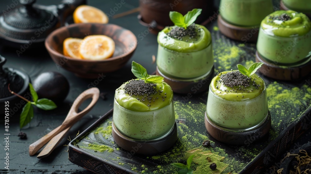 Green Matcha Tea Desserts with Chia Seeds and Mint Green Matcha Tea Desserts with Chia Seeds and Mint