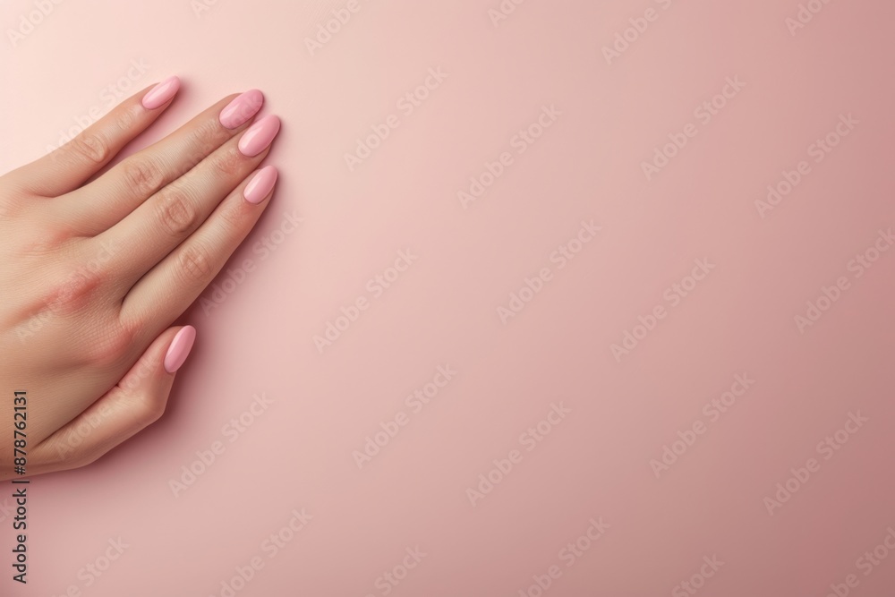 Elegant Pink Manicure on Female Hands Against Soft Pink Background Elegant Pink Manicure on Female Hands Against Soft Pink Background