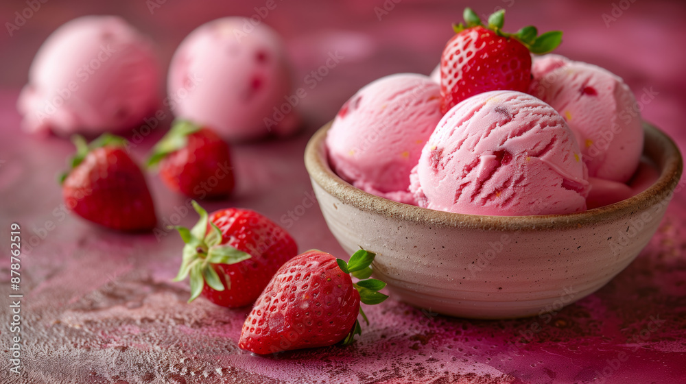 Close up studio photo of strawberry ice cream scoops in a ceramic bowl on an old red table with a Sicilian rustic background and copy space. Close up studio photo of strawberry ice cream scoops in a ceramic bowl on an old red table with a Sicilian rustic background and copy space.
