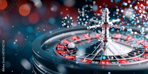 Close-up of a roulette wheel in motion, with a blurred background of a casino table. Concept: gambling, luck, chance. Suitable for casino promotions, gambling advertisements, and entertainment marketi photo