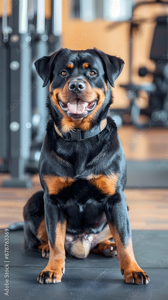 Cute Rottweiler dog with fitness tracker on gym equipment gymnasium background. Fitness exercise lifestyle concept Cute Rottweiler dog with fitness tracker on gym equipment gymnasium background. Fitness exercise lifestyle concept